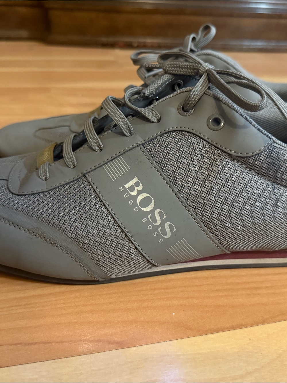 BOSS Men's Light Gray Suede & Mesh Sneakers with Red Heel Accent